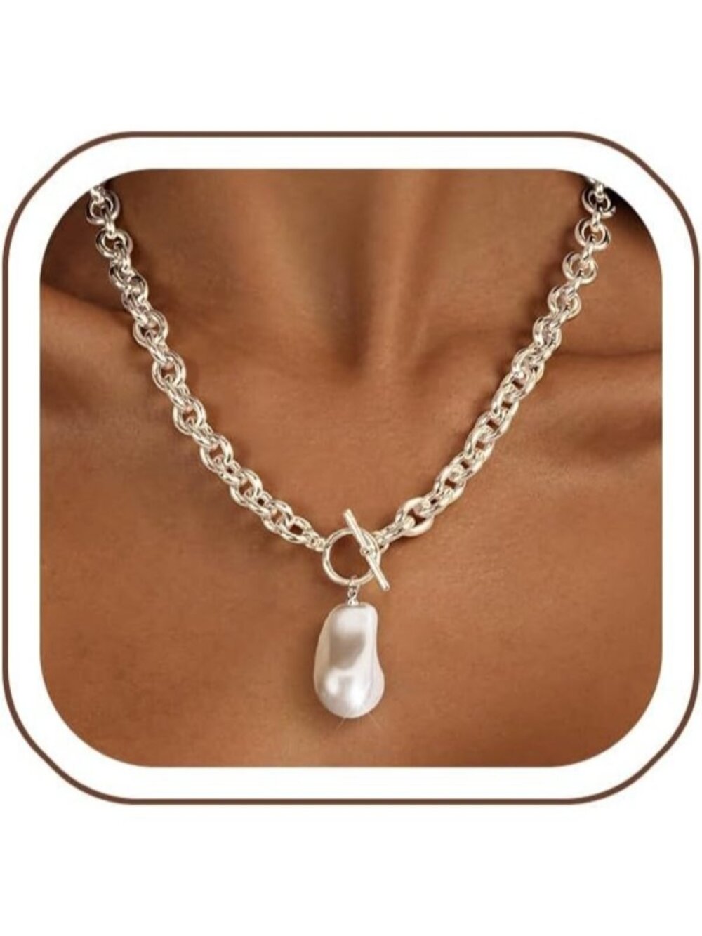 Women's Silver-Baroque Pearl Tennis Necklace Cuban Choker Love Chain Jewelry